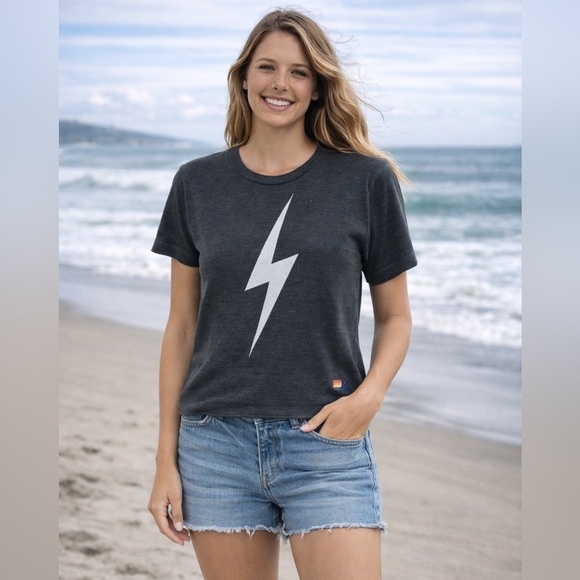 Aviator Nation Tops - Aviator Nation Women’s Bolt Crop Graphic Tee T-Shirt in Charcoal Beach Travel